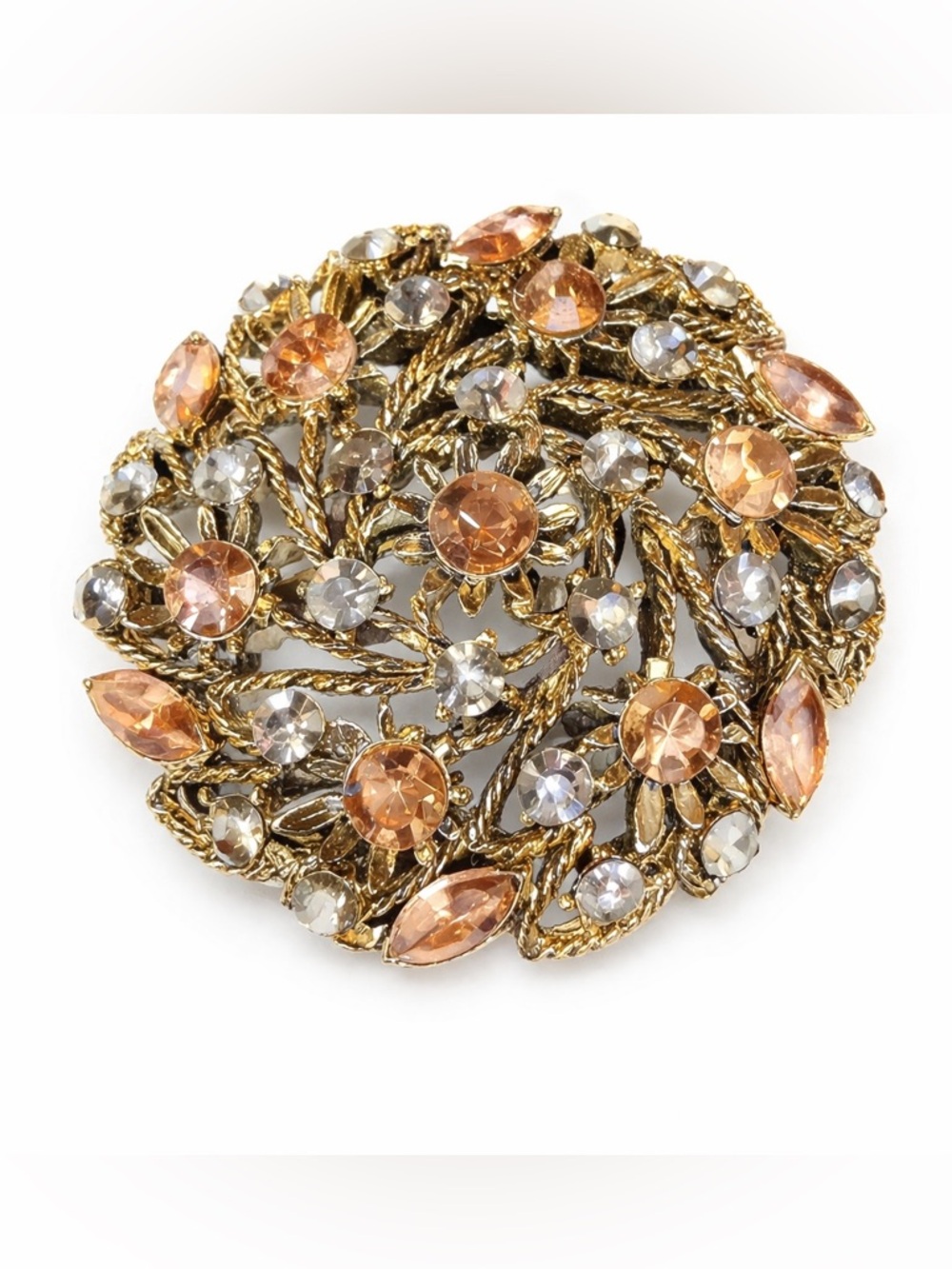Vintage Large Gold Tone Rhinestone Floral Brooch‎ – Champagne & Clear Stones